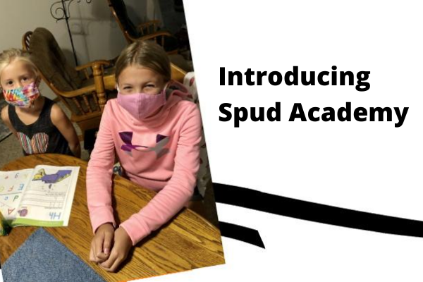 The image shows two young children wearing face masks next to the words Introducing Spud Academy.