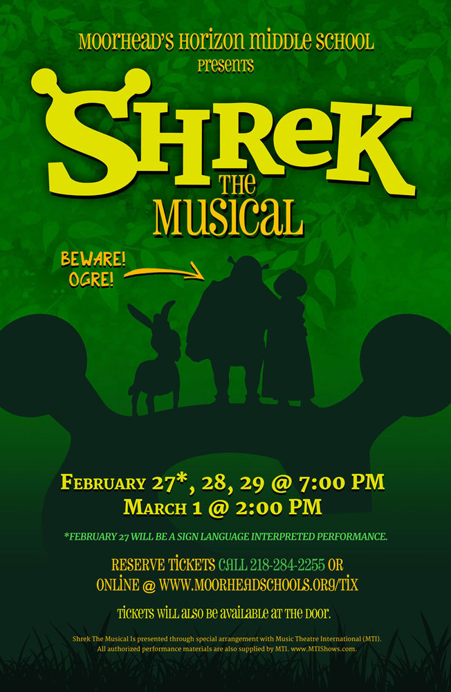 An advertisement for Shrek the Musical at Moorhead's Horizon Middle School.