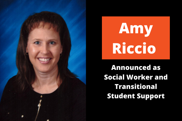 Amy Riccio poses for a school photo. The image reads Amy Riccio announced as social worker and transitional student support.