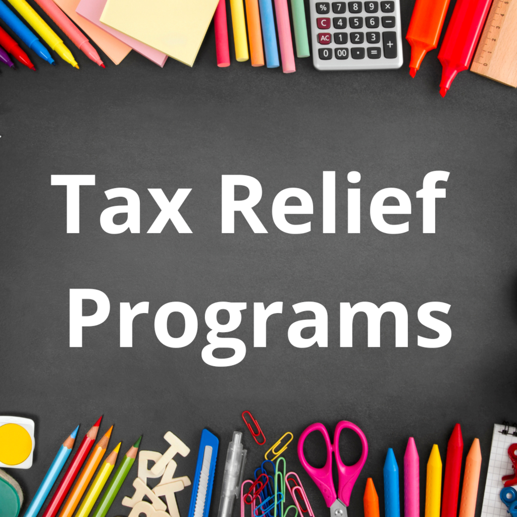 Graphic with school supplies that reads tax relief program