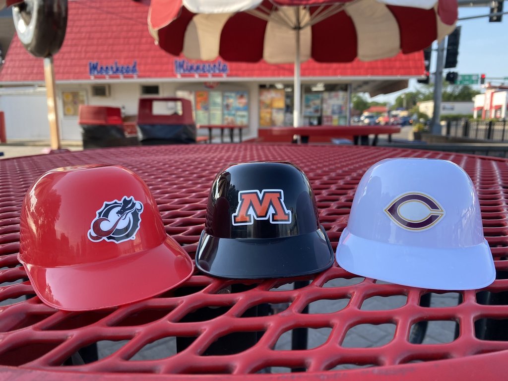 mini baseball helmets with msum, moorhead schools and concordia logos
