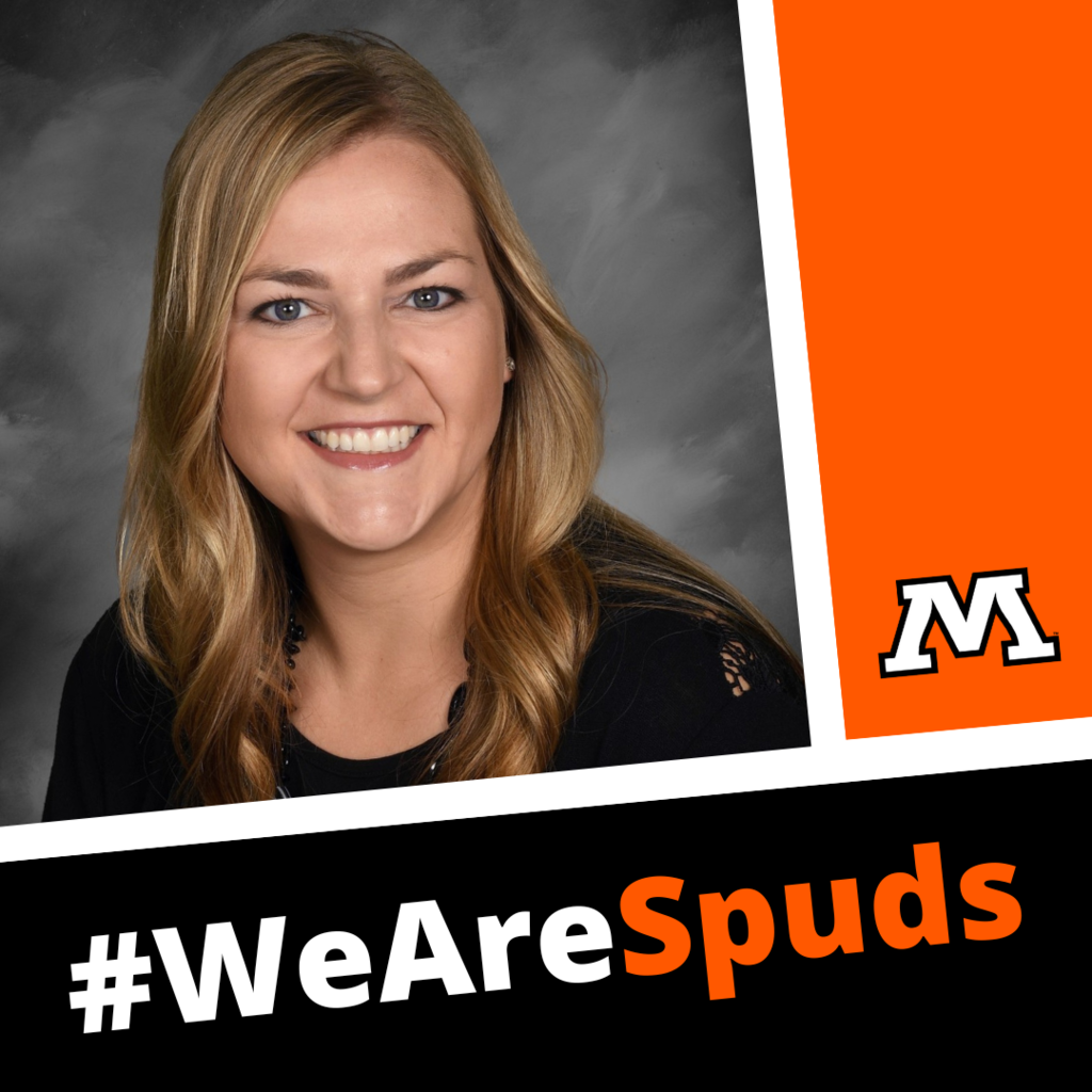 Graphic featuring Amy Pederson with Moorhead logo and hashtag we are spuds