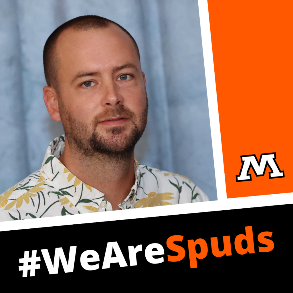 Graphic featuring Kye Anderson with Moorhead logo and hashtag we are spuds