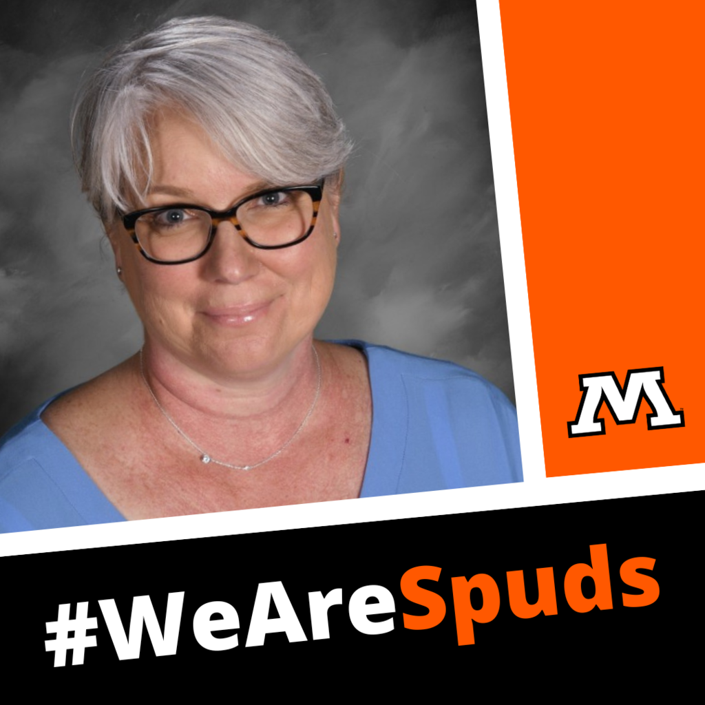 Graphic featuring Davina Pederson with Moorhead logo and hashtag we are spuds