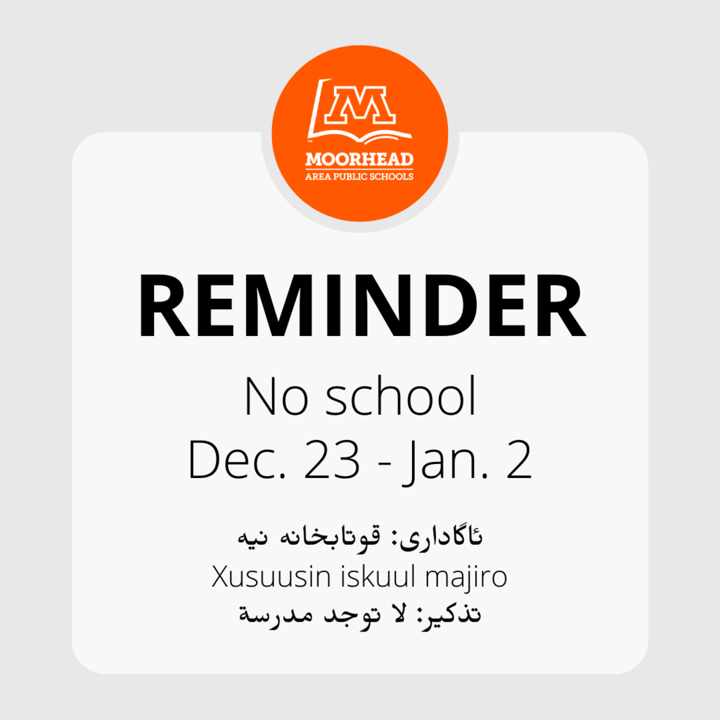 no school, Dec. 23 - Jan. 2